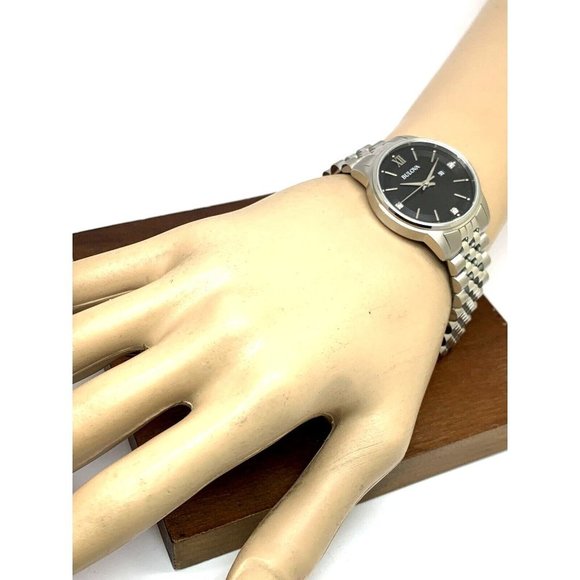 Bulova Women’s Watch 96P226 Silver Steel Diamond Black Dial Quartz 32mm - Picture 4 of 13